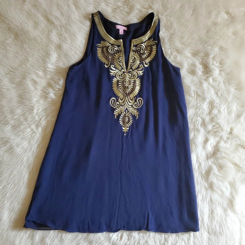 Lilly Pulitzer Aubra Blue And Gold Shift Dress Size Medium - Picture 7 of 14